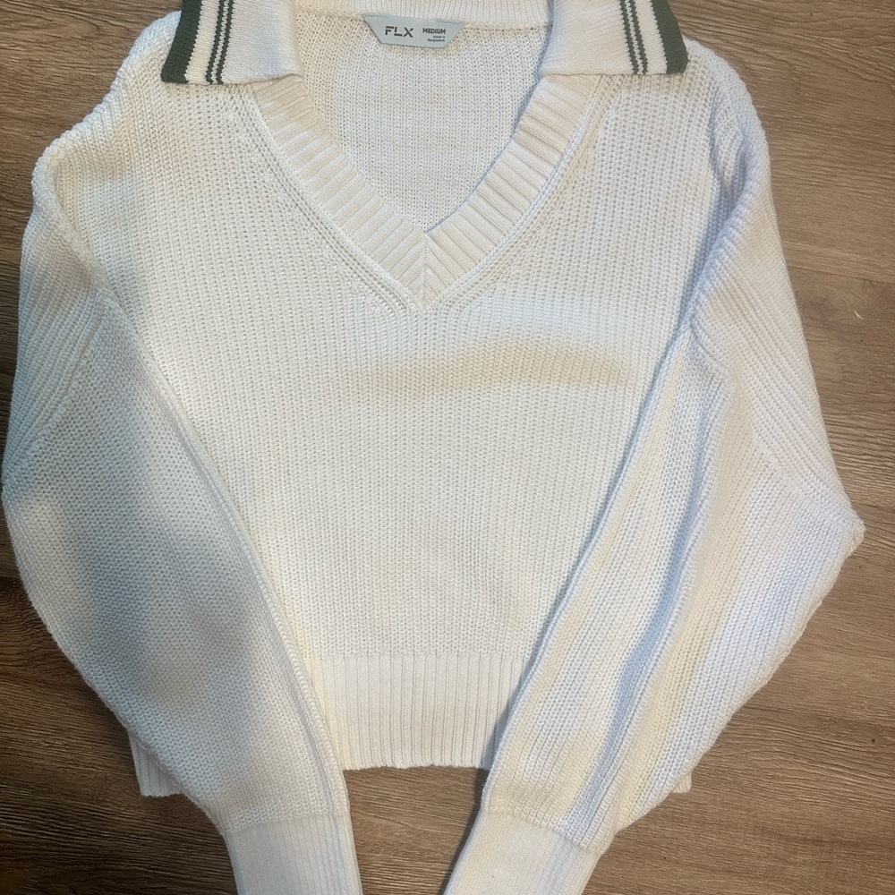 FLX Women's V-Neck Sweater in White with Green Trim